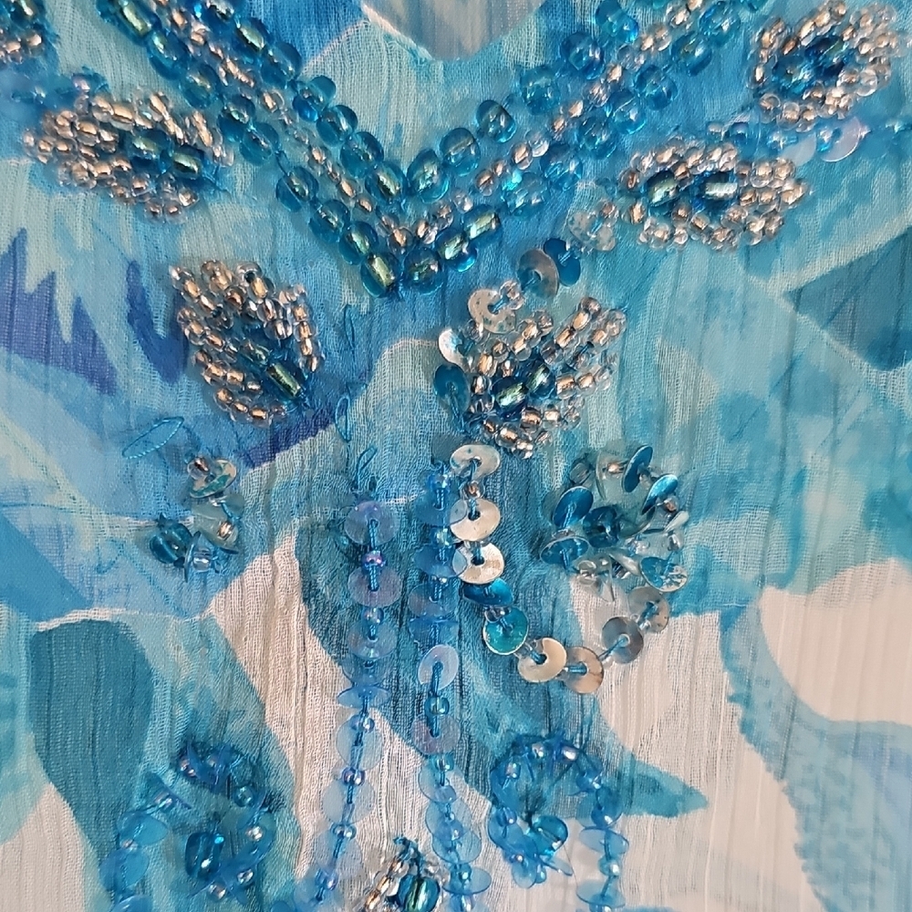 Double Decker Lightweight Beaded Sequins Blue Floral Embellished Tunic Large - Picture 7 of 11